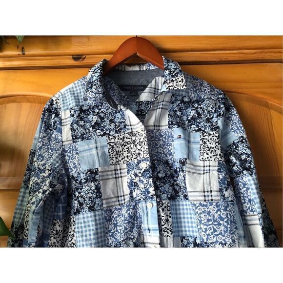 Tommy Hilfiger Women's Cotton Patchwork-Print Roll-Tab Shirt Size M - Picture 5 of 13